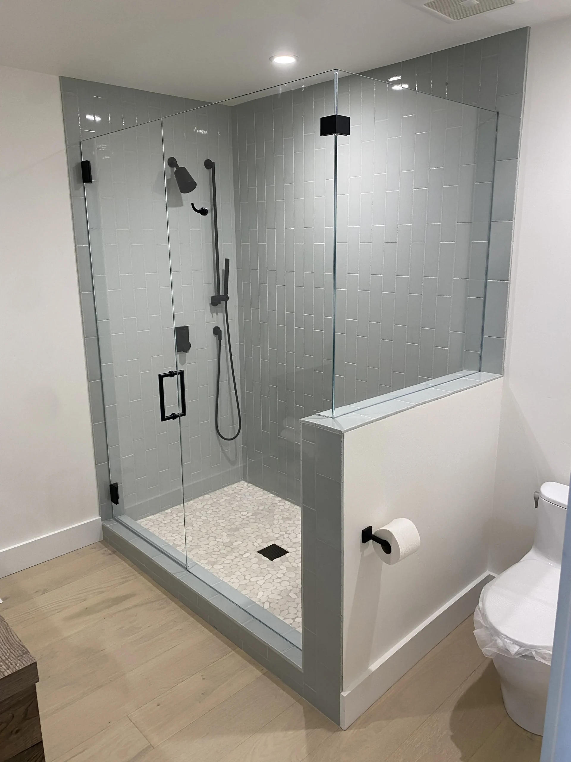 Modern shower with glass enclosure, hexagonal tile floor, and toilet nearby